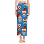 Rose Sugar Skull Pattern Print Side Slit Maxi Skirt