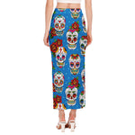 Rose Sugar Skull Pattern Print Side Slit Maxi Skirt
