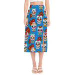Rose Sugar Skull Pattern Print Side Slit Midi Skirt