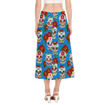 Rose Sugar Skull Pattern Print Side Slit Midi Skirt