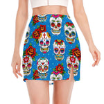 Rose Sugar Skull Pattern Print Side Slit Mini Skirt