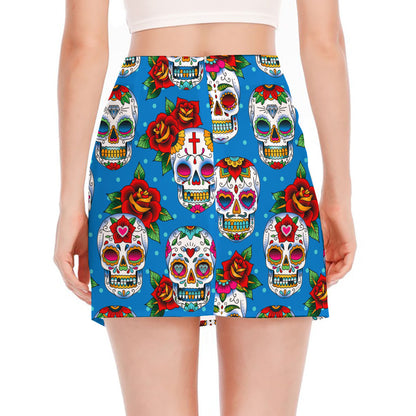Rose Sugar Skull Pattern Print Side Slit Mini Skirt