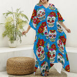 Rose Sugar Skull Pattern Print Silk V-Neck Kaftan Dress
