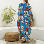 Rose Sugar Skull Pattern Print Silk V-Neck Kaftan Dress