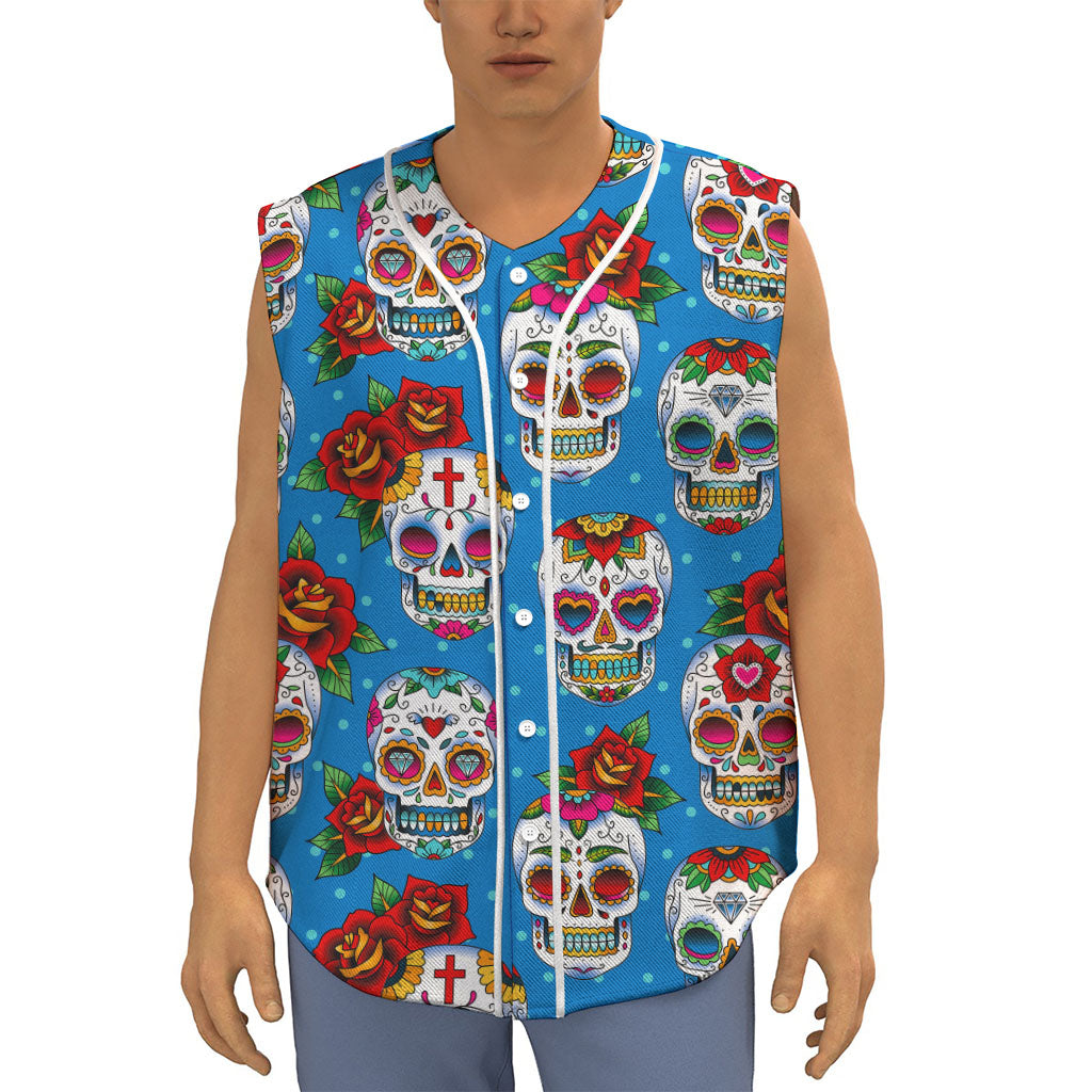 Rose Sugar Skull Pattern Print Sleeveless Baseball Jersey