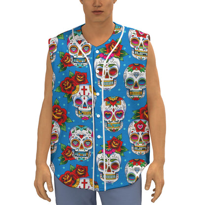 Rose Sugar Skull Pattern Print Sleeveless Baseball Jersey