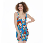 Rose Sugar Skull Pattern Print Sleeveless Bodycon Dress