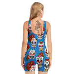 Rose Sugar Skull Pattern Print Sleeveless One Piece Swimsuit