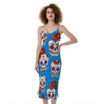 Rose Sugar Skull Pattern Print Slim Fit Midi Cami Dress