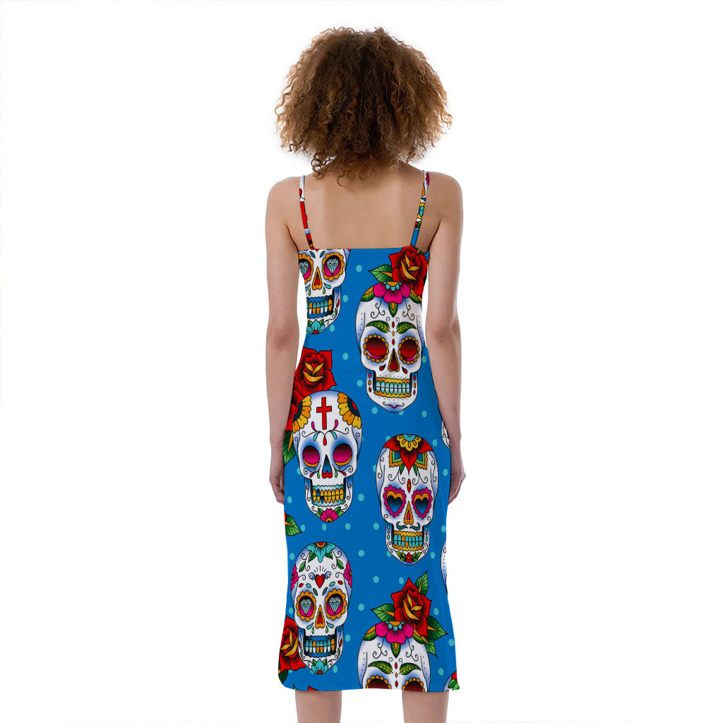 Rose Sugar Skull Pattern Print Slim Fit Midi Cami Dress