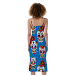 Rose Sugar Skull Pattern Print Slim Fit Midi Cami Dress