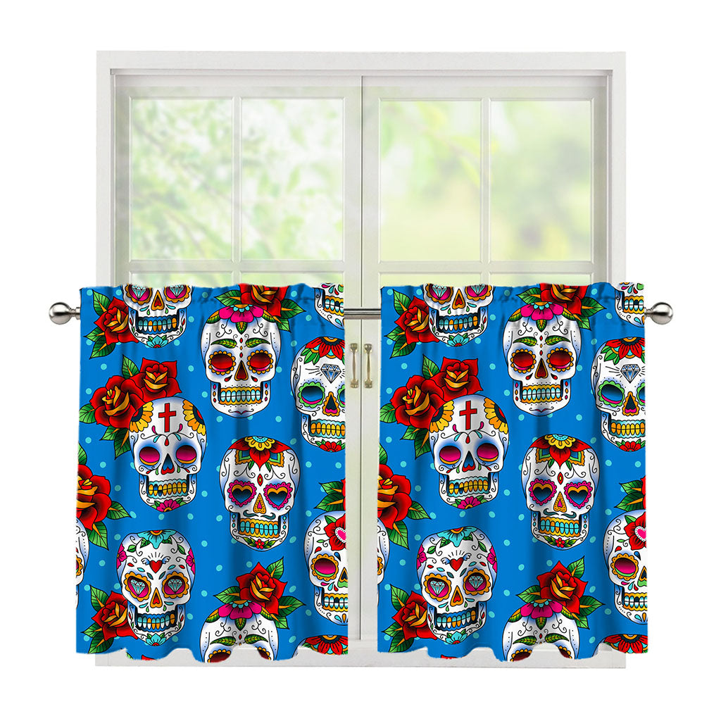 Rose Sugar Skull Pattern Print Tier Curtains