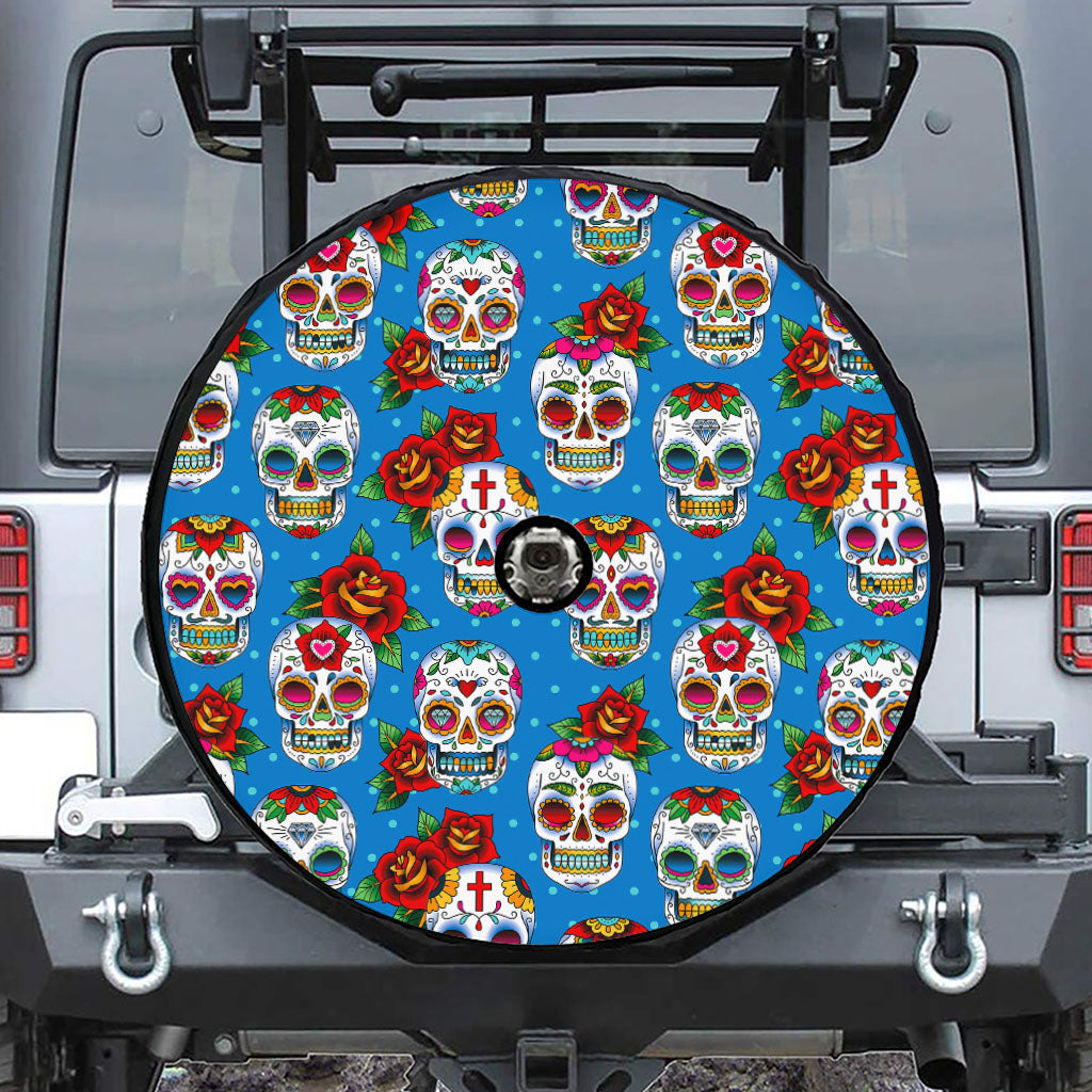 Rose Sugar Skull Pattern Print Tire Cover With Camera Hole