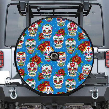 Rose Sugar Skull Pattern Print Tire Cover With Camera Hole