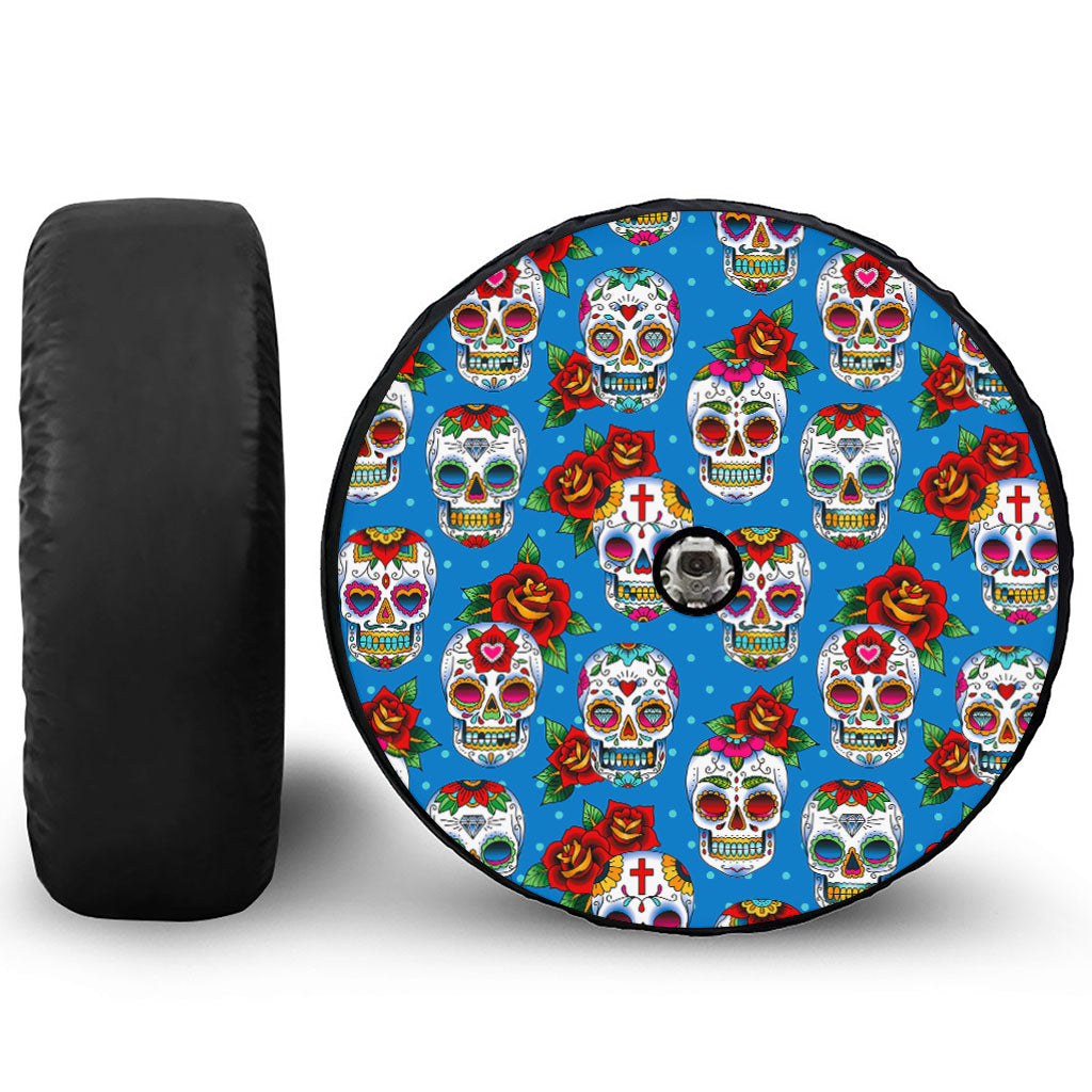 Rose Sugar Skull Pattern Print Tire Cover With Camera Hole