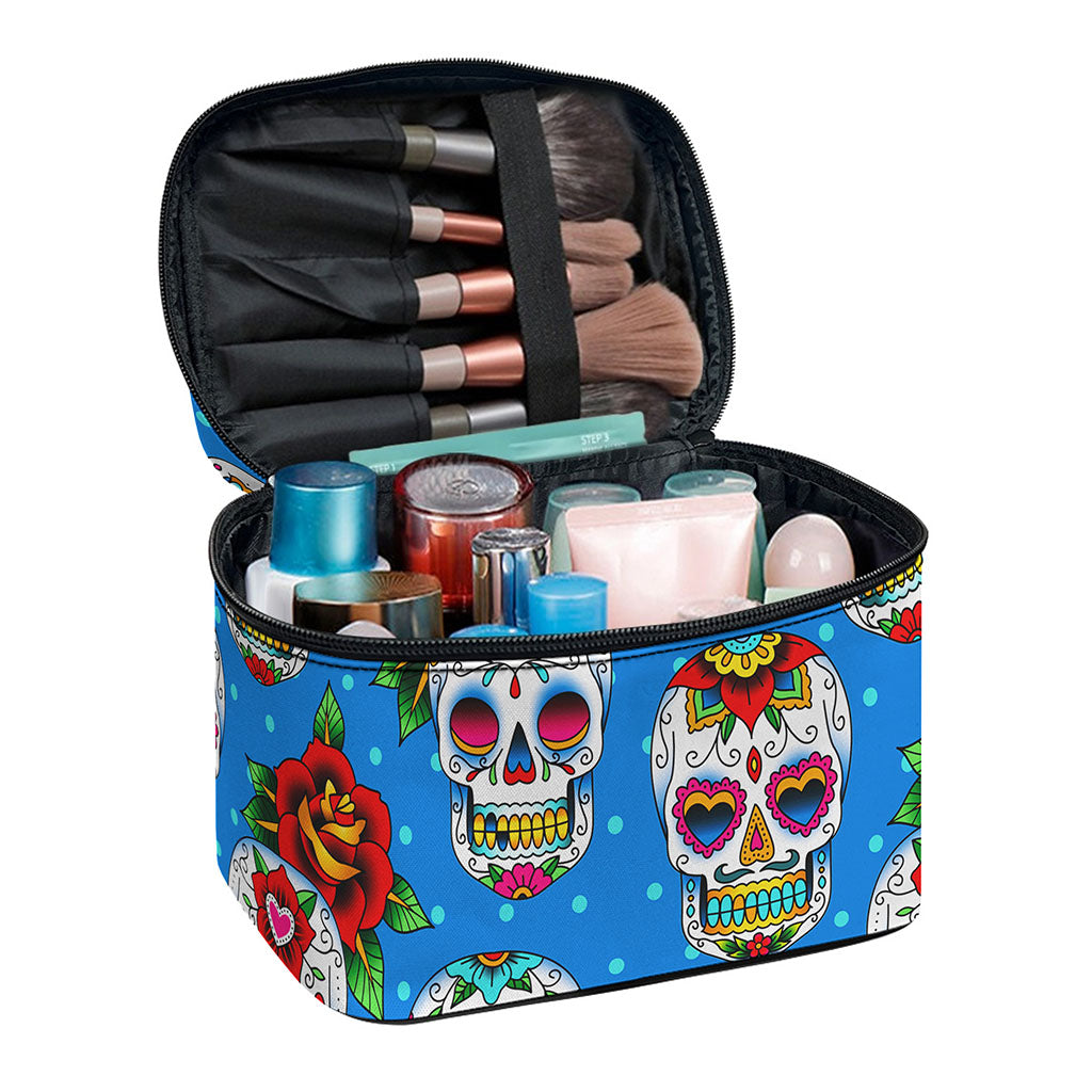 Rose Sugar Skull Pattern Print Travel Makeup Bag