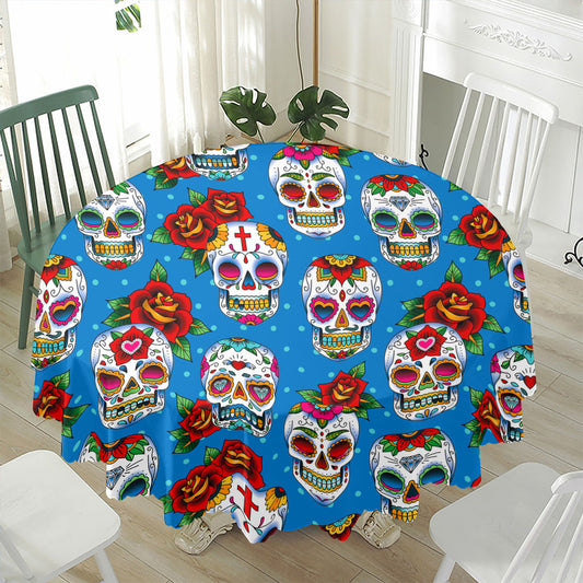 Rose Sugar Skull Pattern Print Waterproof Round Tablecloth
