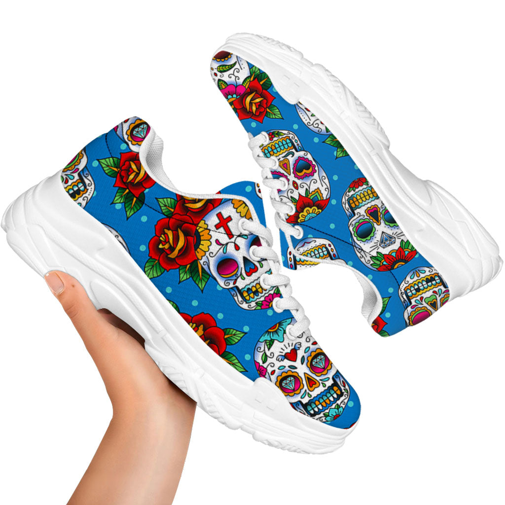 Rose Sugar Skull Pattern Print White Chunky Shoes