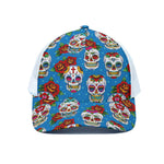 Rose Sugar Skull Pattern Print White Mesh Trucker Cap