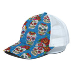 Rose Sugar Skull Pattern Print White Mesh Trucker Cap