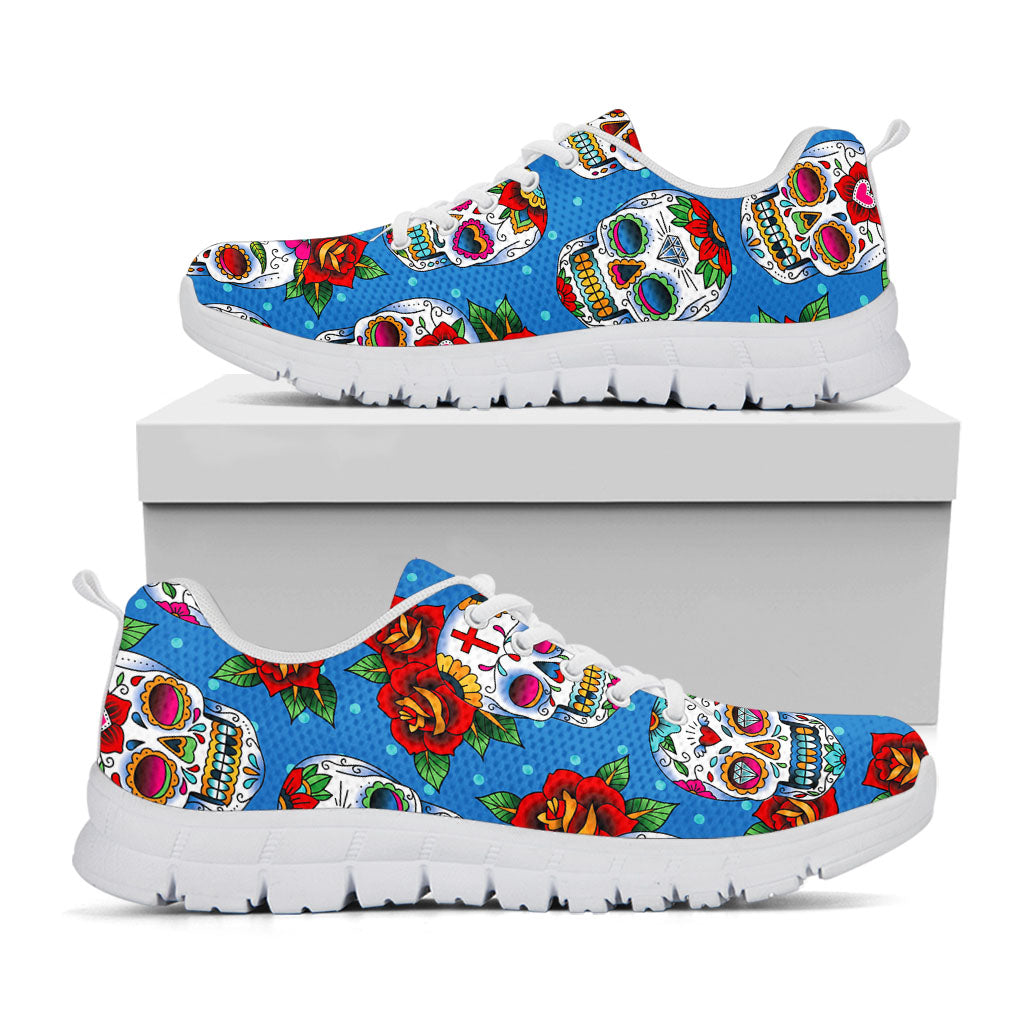 Rose Sugar Skull Pattern Print White Running Shoes