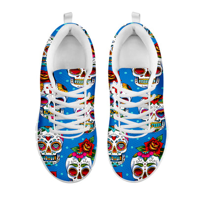 Rose Sugar Skull Pattern Print White Running Shoes