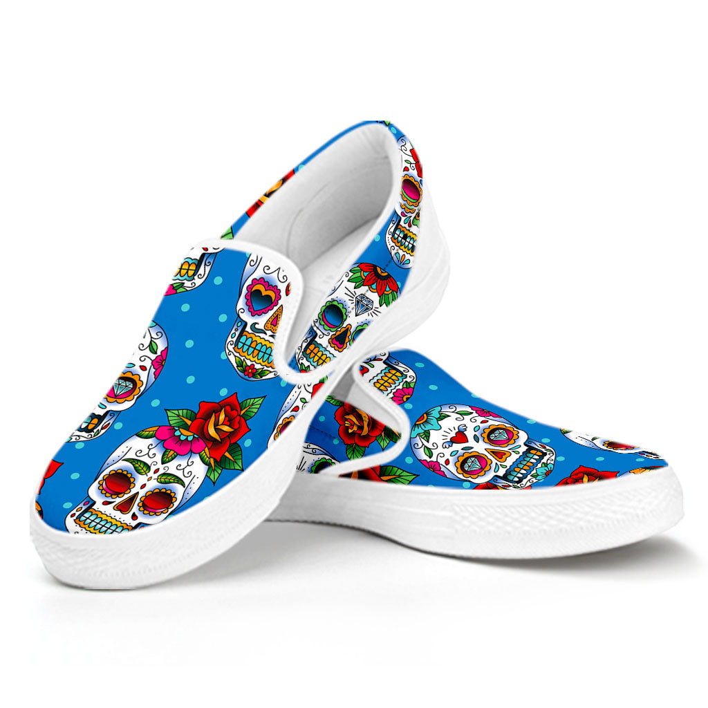 Rose Sugar Skull Pattern Print White Slip On Sneakers