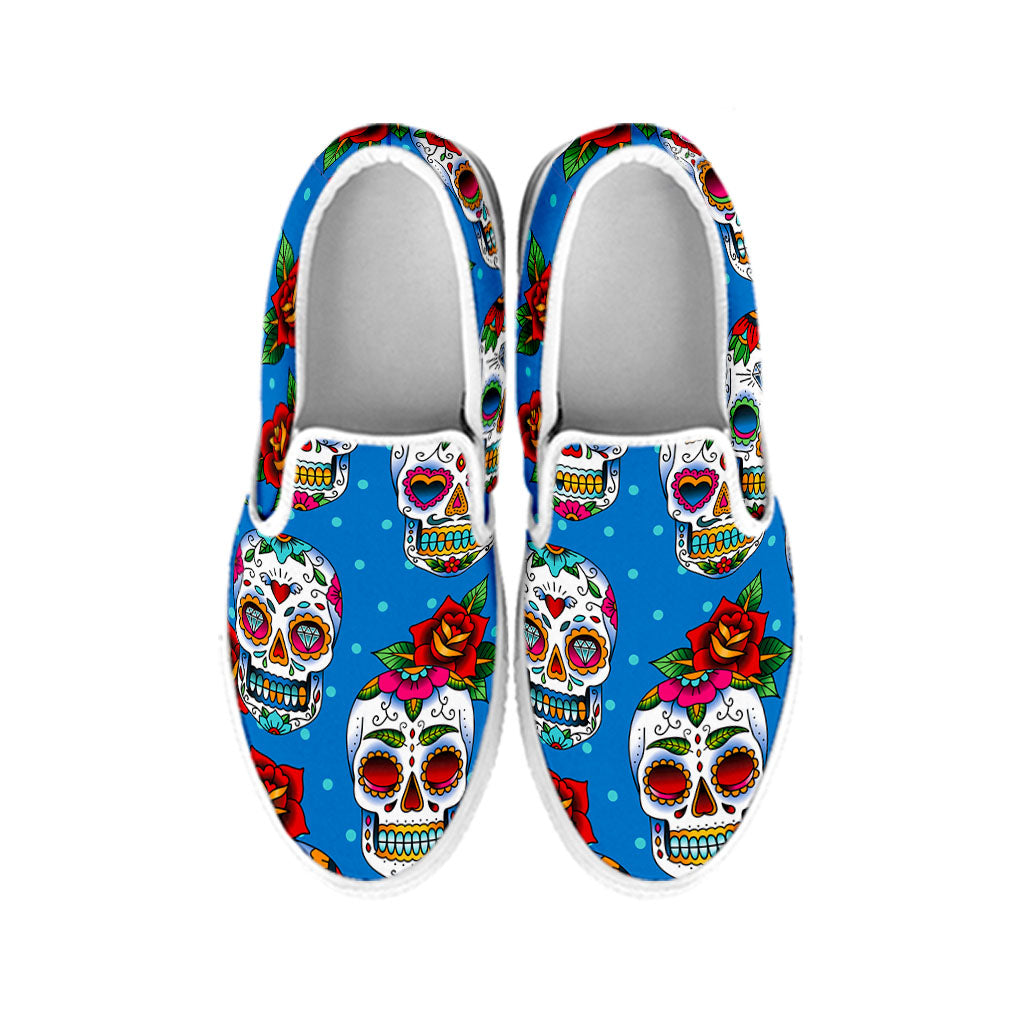 Rose Sugar Skull Pattern Print White Slip On Sneakers