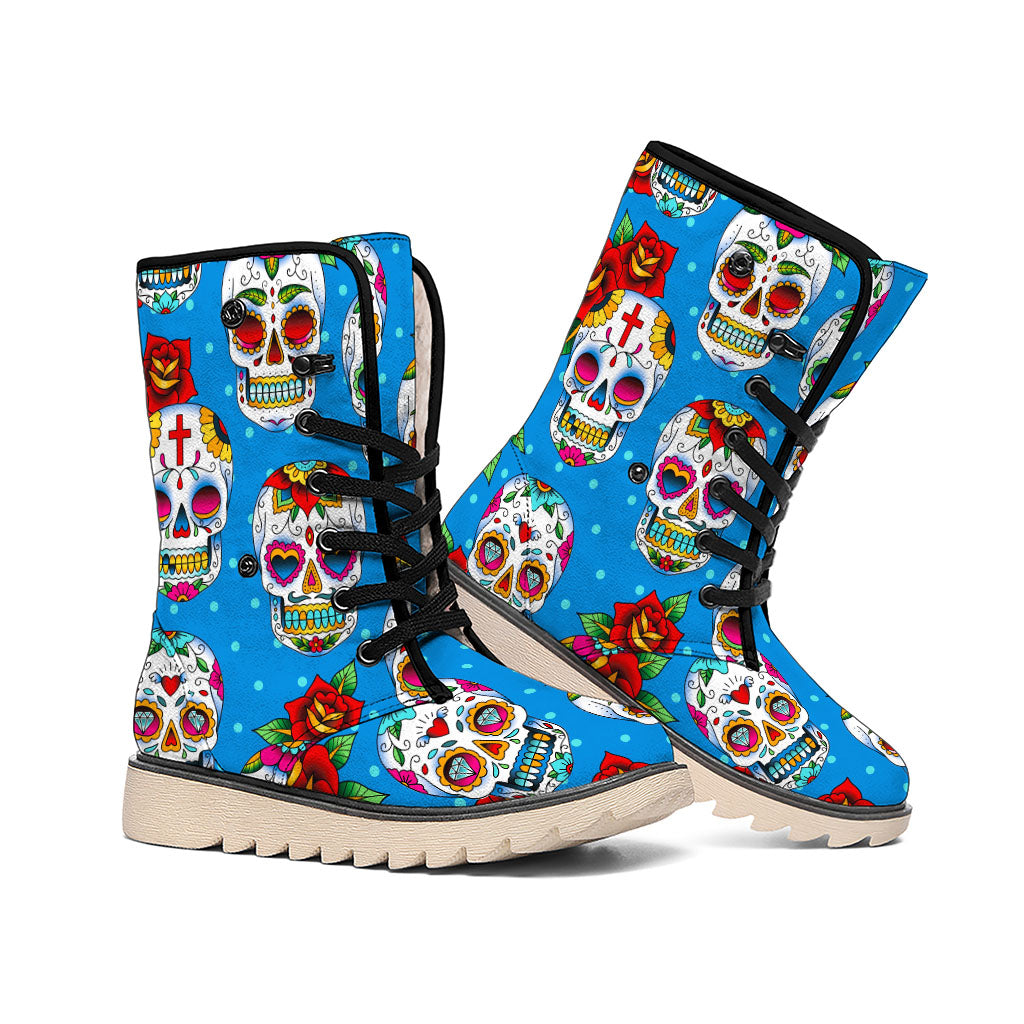 Rose Sugar Skull Pattern Print Winter Boots