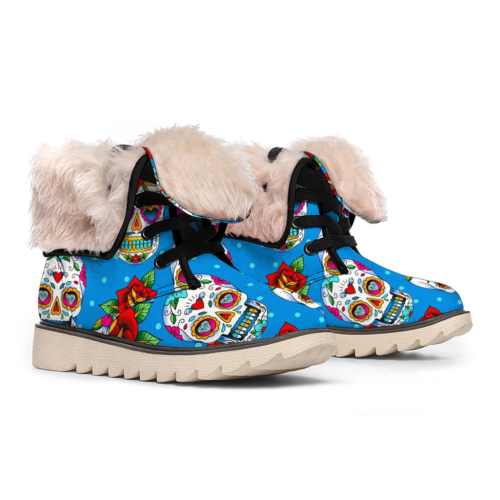 Rose Sugar Skull Pattern Print Winter Boots