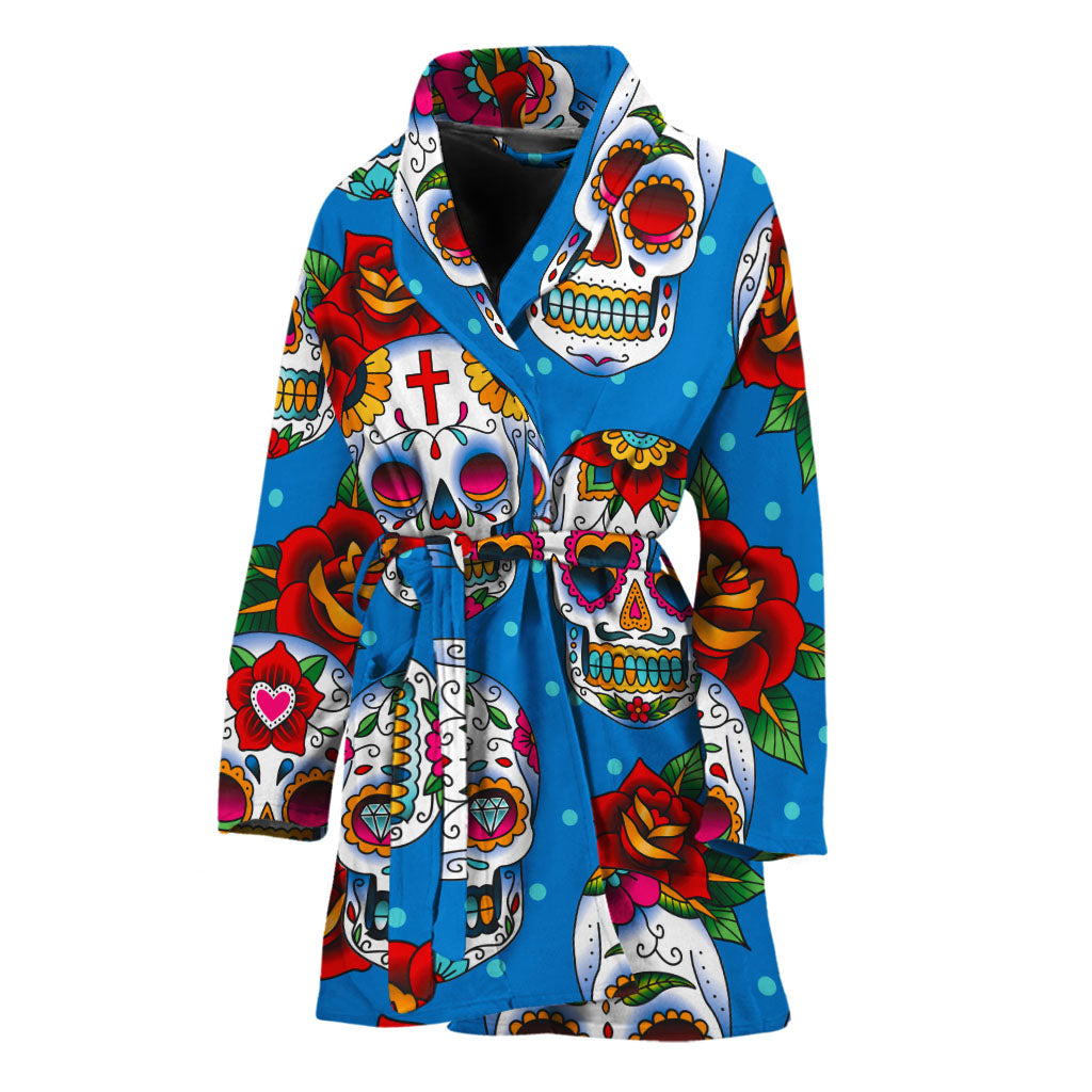 Rose Sugar Skull Pattern Print Women's Bathrobe