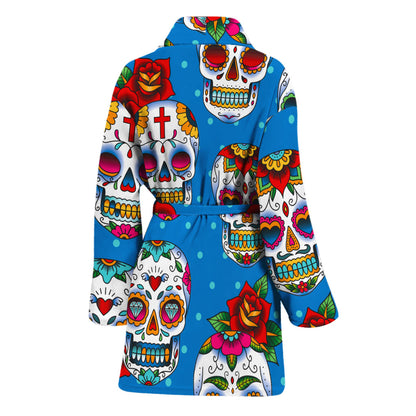 Rose Sugar Skull Pattern Print Women's Bathrobe