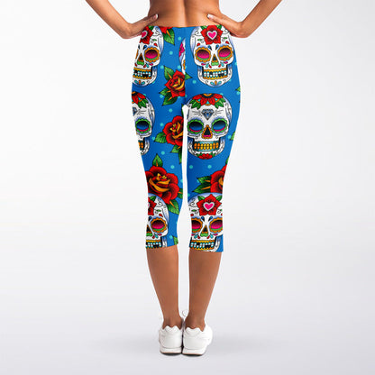 Rose Sugar Skull Pattern Print Women's Capri Leggings