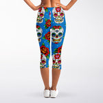 Rose Sugar Skull Pattern Print Women's Capri Leggings