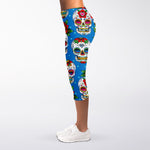 Rose Sugar Skull Pattern Print Women's Capri Leggings