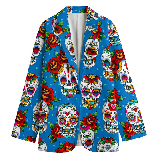 Rose Sugar Skull Pattern Print Women's Cotton Blazer