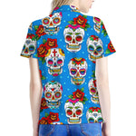 Rose Sugar Skull Pattern Print Women's Polo Shirt