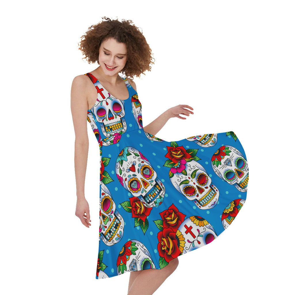 Rose Sugar Skull Pattern Print Women's Sleeveless Dress