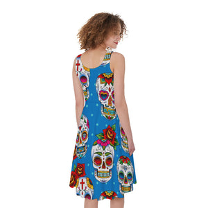 Rose Sugar Skull Pattern Print Women's Sleeveless Dress