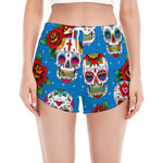 Rose Sugar Skull Pattern Print Women's Split Running Shorts