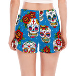 Rose Sugar Skull Pattern Print Women's Split Running Shorts
