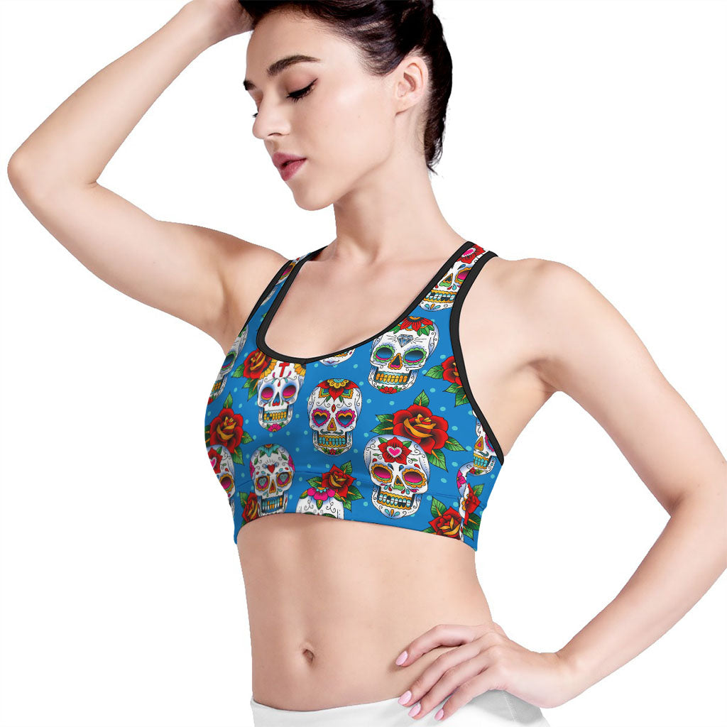 Rose Sugar Skull Pattern Print Women's Sports Bra