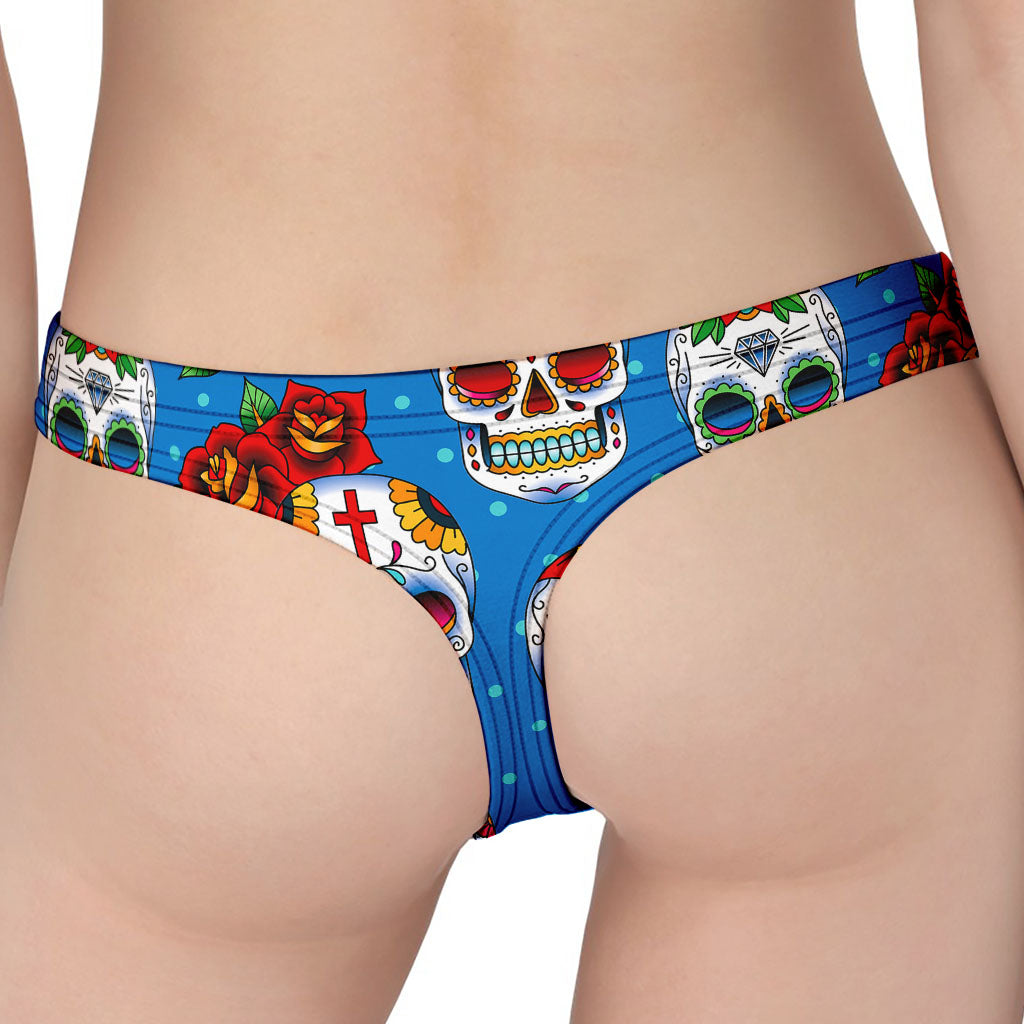 Rose Sugar Skull Pattern Print Women's Thong