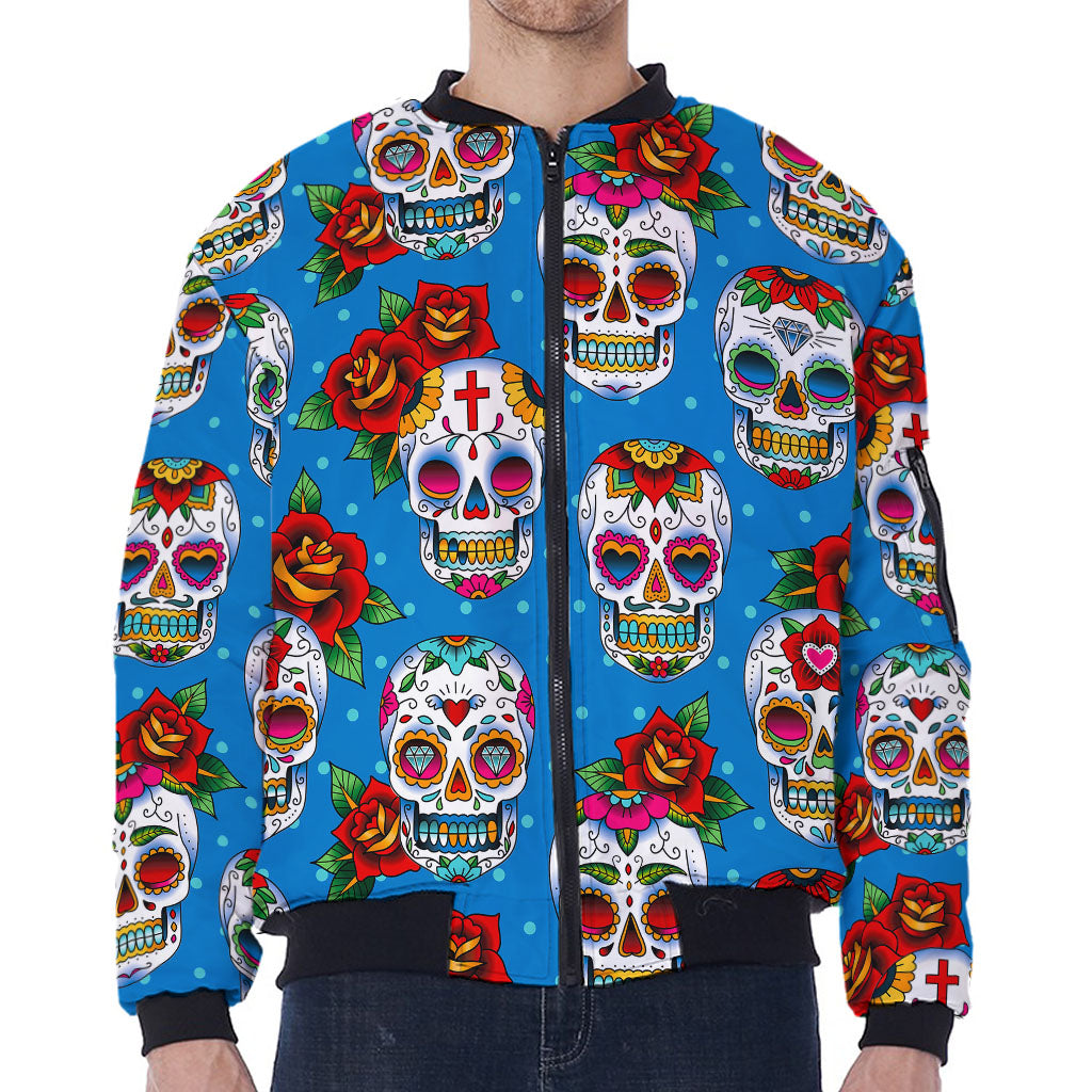 Rose Sugar Skull Pattern Print Zip Sleeve Bomber Jacket
