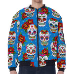 Rose Sugar Skull Pattern Print Zip Sleeve Bomber Jacket