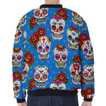 Rose Sugar Skull Pattern Print Zip Sleeve Bomber Jacket