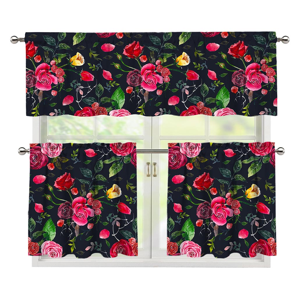 Roses Floral Flower Pattern Print 3 Piece Kitchen Curtains