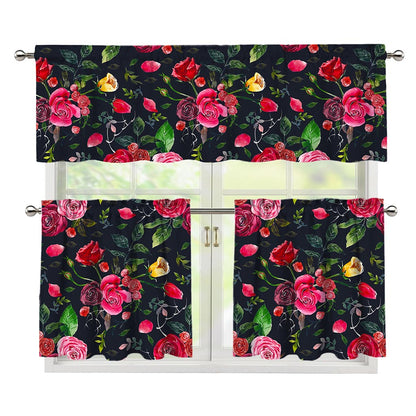 Roses Floral Flower Pattern Print 3 Piece Kitchen Curtains