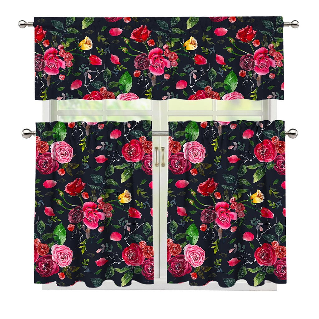 Roses Floral Flower Pattern Print 3 Piece Kitchen Curtains