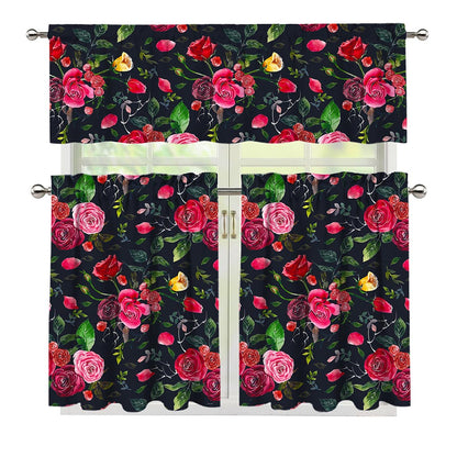 Roses Floral Flower Pattern Print 3 Piece Kitchen Curtains